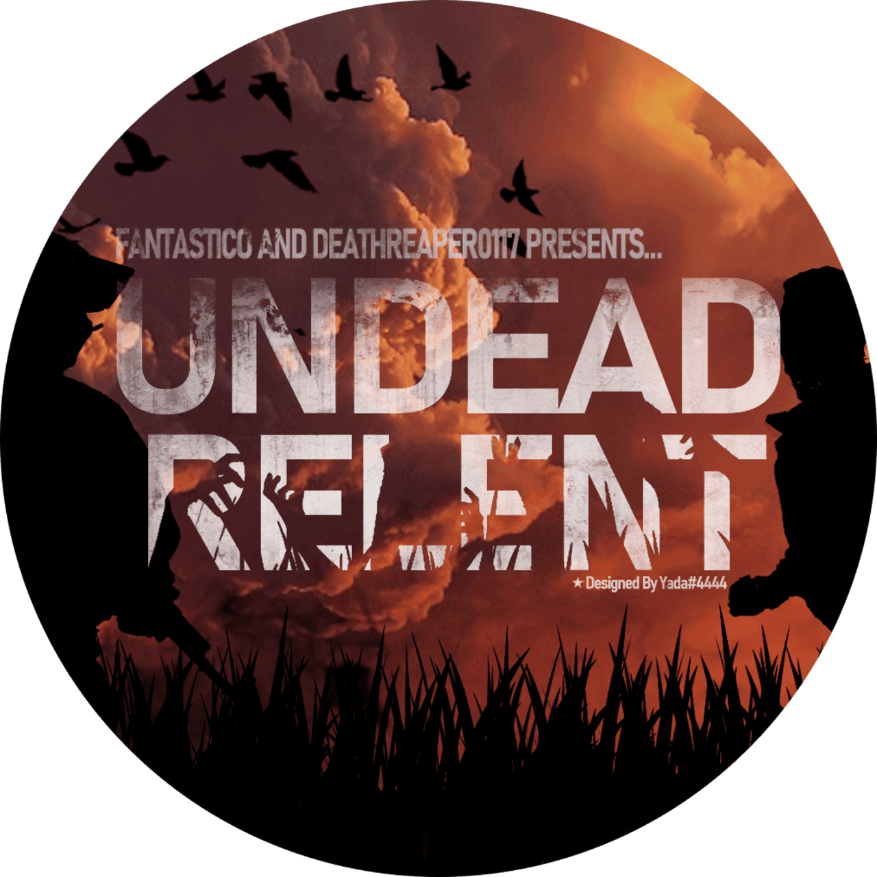 Undead Relent emblem: silhouettes of survivors under a burning sky